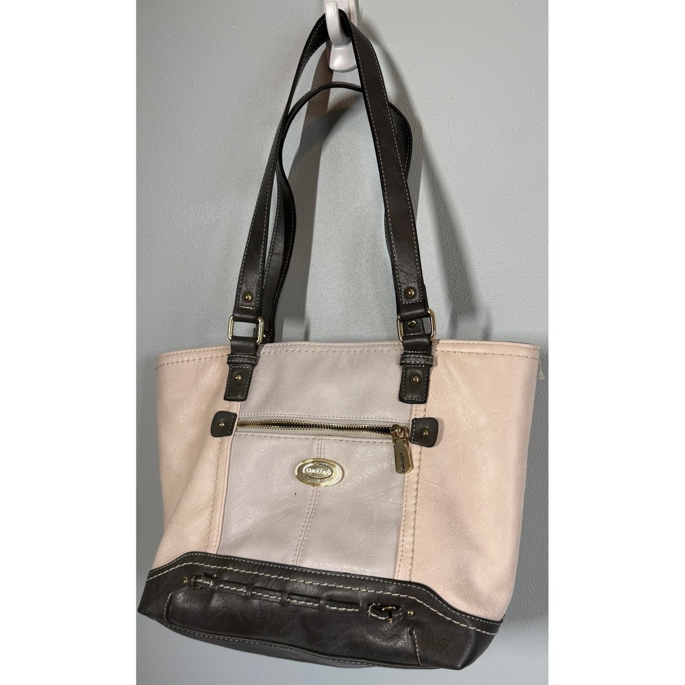 Concept Purse Tote Bag Medium Gray/White Faux Leather Colorblock Pockets 16"x10"